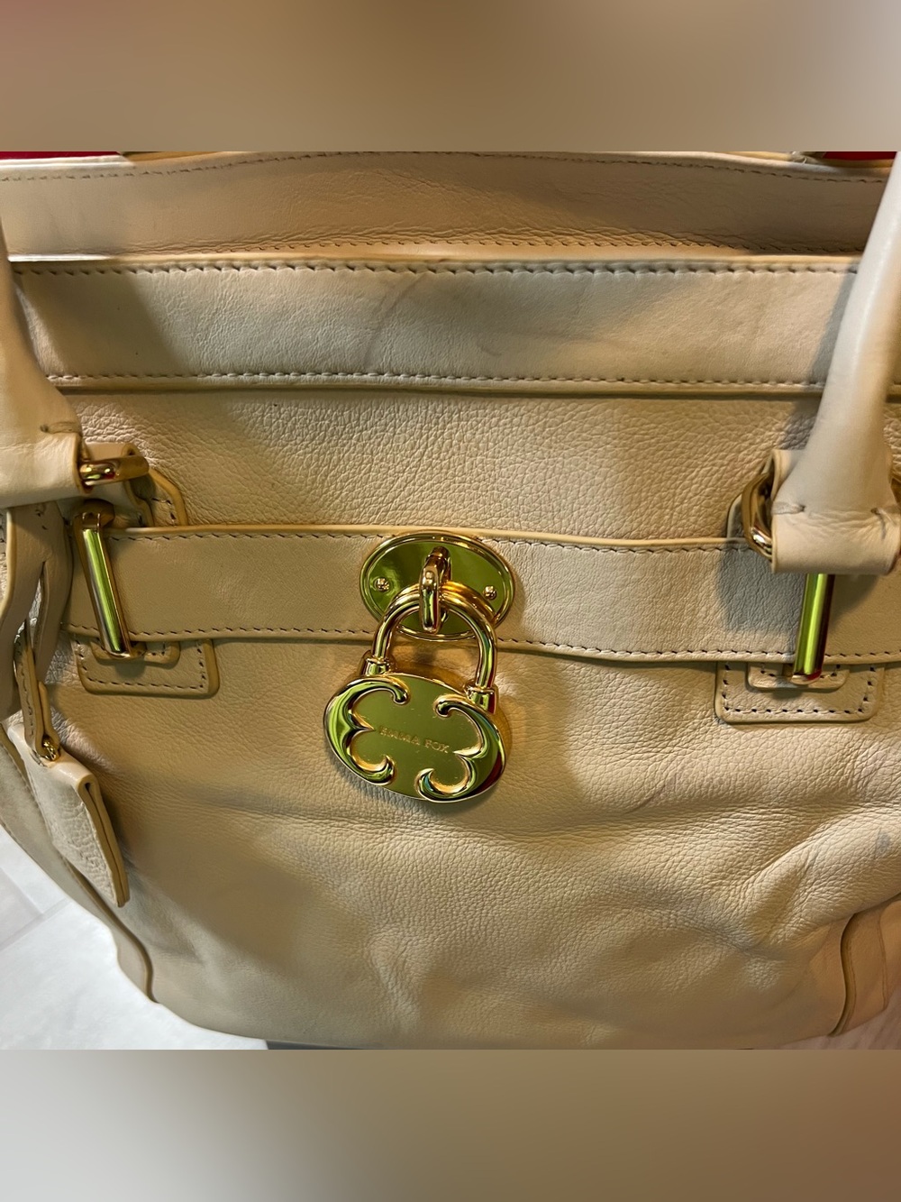 Emma Fox Cream Leather Handbag with Gold Floral Lock Accent